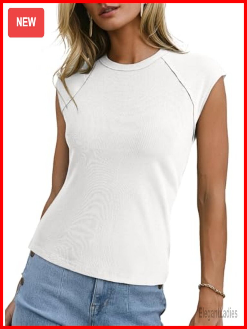 Womens Ribbed Cap Sleeve Slim Fit Crewneck Raw Hem Summer T-Shirt Tee